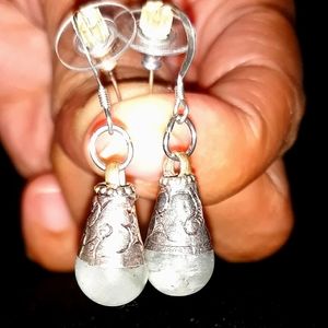 JADE Earrings with 925 sterling silver hook/ accents..1.5 inch..mint green